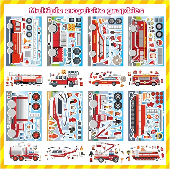 24 Sheets Truck Stickers for Kids, Make a face Sticker, Make Your Own Fire Truck Stickers with 8 Designs Fire Themed Truck for Kindergarten Birthday Gift Classroom Fire Party Favors