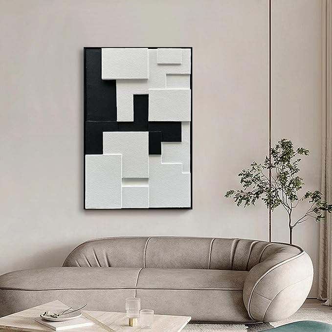 NANKAI Art Hand-Painted Black and White Thick Texture Abstract Art Contemporary Minimalist Art Oil Painting Home Office Wall Decoration Painting 36x24 inches (with Solid Wood Exterior Frame)