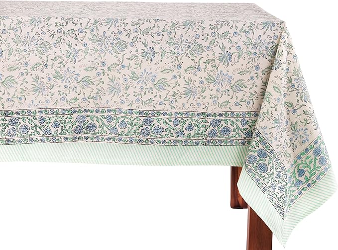 ATOSII Aster Blue 100% Cotton Rectangle Boho Fall Tablecloth, Handblock Floral Block Print Table Cloth Linen for Kitchen Dining I Parties Christmas New Year Gifting I 72 X 140 Inches I 12 Seater