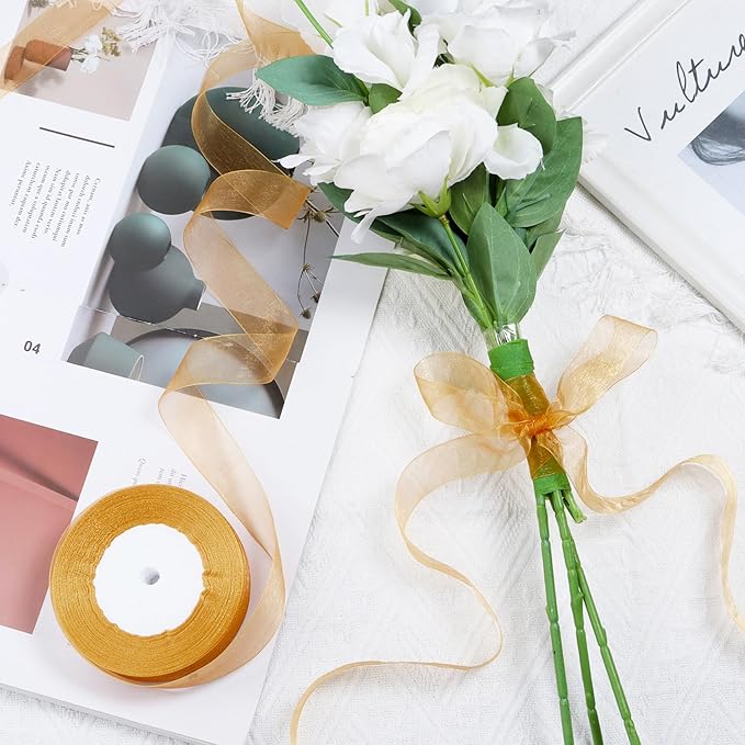 Gold Ribbon for Gift Wrapping 1 inch Sheer Organza Ribbon for Flower Bouquet Tulle Thin Chiffon Ribbons for Wedding Invitations Presents Decorations Crafts 50 Yards