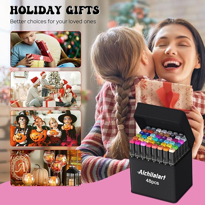 alchilalart 48 Colors Alcohol Based markers, Alcohol Markers Set, Dual Tip Alcohol Sketching Drawing Markers Animation for Adults Kids
