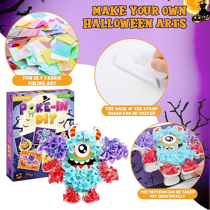 Lonfliness 8PCS Poke-in Craft and Art Kit Halloween No-Mess Fabric Sewing Art Puzzle Puncture Painting DIY Bat Pumpkin Ghost Halloween Toy Gift Creative Activity Game Birthday Party