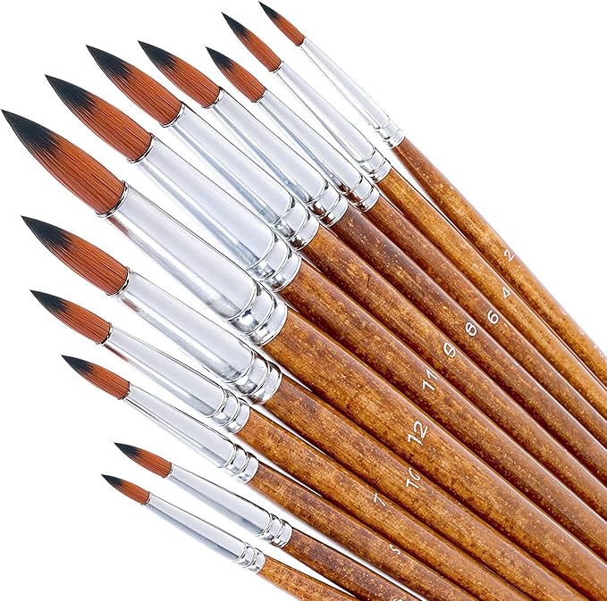 12 PCS Artist Watercolor Paint Brushes, Round Pointed Tip Artist Paint Brushes Round Paints Brush Basic Set Different Sizes Detail Paints Brush for Watercolor, Acrylic, Gouache, Ink