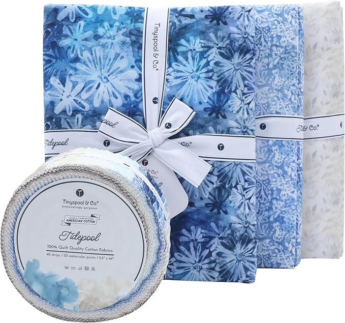 Tinyspool & Co. Quilting Bundle – Tidepool Jelly Roll + 3-Yard Fabric for Each Print: No. 10 – Azure Flora, No. 9 – Blue Mist, No. 6 – Ivory Vine