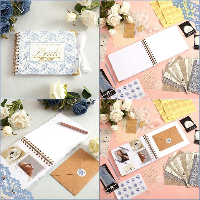 8.5 x 7 Inch Wedding Guest Book Letters to The Bride Scrapbook Wedding Memory Book Bridal DIY Blank Paper Scrapbook Photo Album Guest Sign with Pearl Stickers (157 Pcs,Blue Floral)