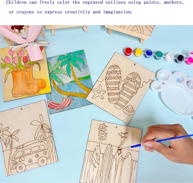 Piatoeke 16PCS 5.9×4.7in Unfinished Wooden Summer Cutouts Board for Kids Painting,Wood Crafts DIY Fun Things to Paint and Hang(Summer)