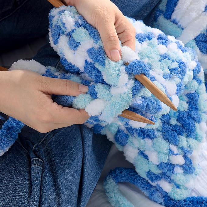 HOMBYS 8 Pack Giant Chunky Yarn for Crocheting and Knitting, Super Bulky Large Soft Fluffy Tie Dye Plush Fuzzy Mixed Color Thick Chenille Yarn (Blue, Sky Blue, White)
