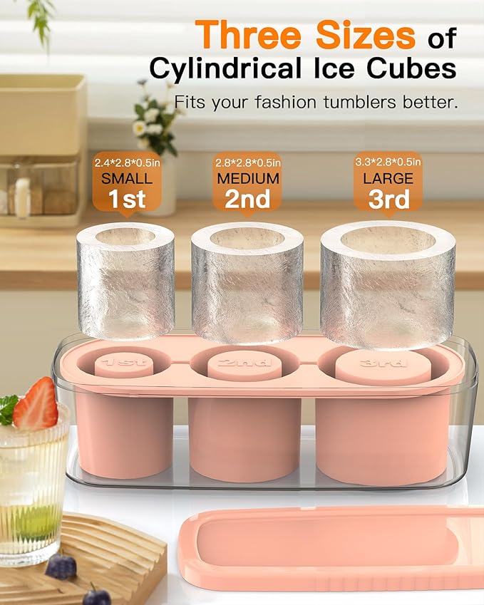 Ice Cube Tray for Tumbler Cup 30Oz-40Oz, 3 Pcs Silicone Cylinder Ice Mold with Lid and Bin for Freezer, Easy Fill and Release Ice Maker for Whiskey, Cocktail BPA-Free (Pink, 40Oz-Type2)