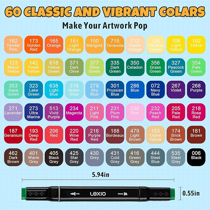 Lexio Alcohol Markers, 60 Colors Dual Tip Art Marker With Organizing Case, Fine & Broad Tip Permanent Art Markers for Adults, Drawing, Sketching and Coloring
