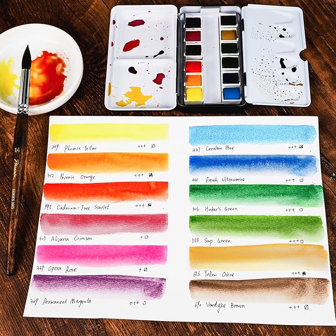 PHOENIX Professional Watercolor Paint Set - Floral Color, 12 Spring Colors Half Pan Water Color Paint Palette with Tin Box, Portable Travel Watercolors for Adults, Artists
