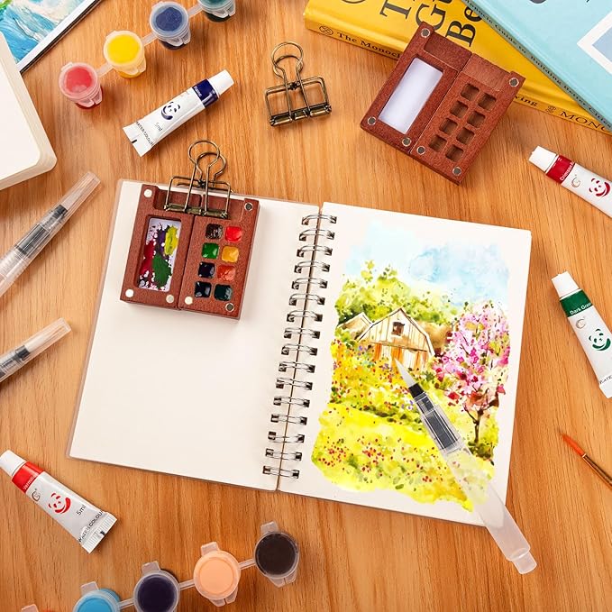 Mini Watercolor Travel Set, Mini Watercolor Paint Set with 2 Wooden 8-Grid Palette, 12 Colors Paint, 2 Sketch Books and 4 Brushes, Copper Clip and Sketchbook for Travel Painting