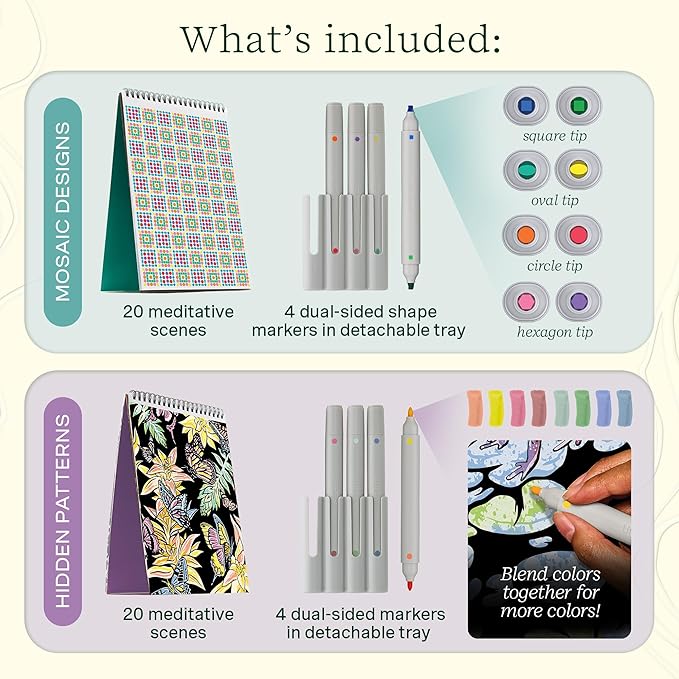 Lifelines FlowArt Activity Pad, 2-Pack & Bonus Pad - Guided Art Meditations with Markers - Mediterranean Mosaic Designs & Animal Hidden Patterns - Coloring Books for Tweens, Adults & Seniors