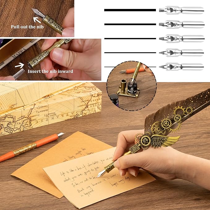 Quill Pen and Ink Set, Calligraphy set includes feather quill pen, Wooden Dip Pen, 5 Color Ink, 5 Replaceable Nibs, Pen Holder,Vintage Calligraphy Pens for Beginners and Calligraphy Lovers (Black)