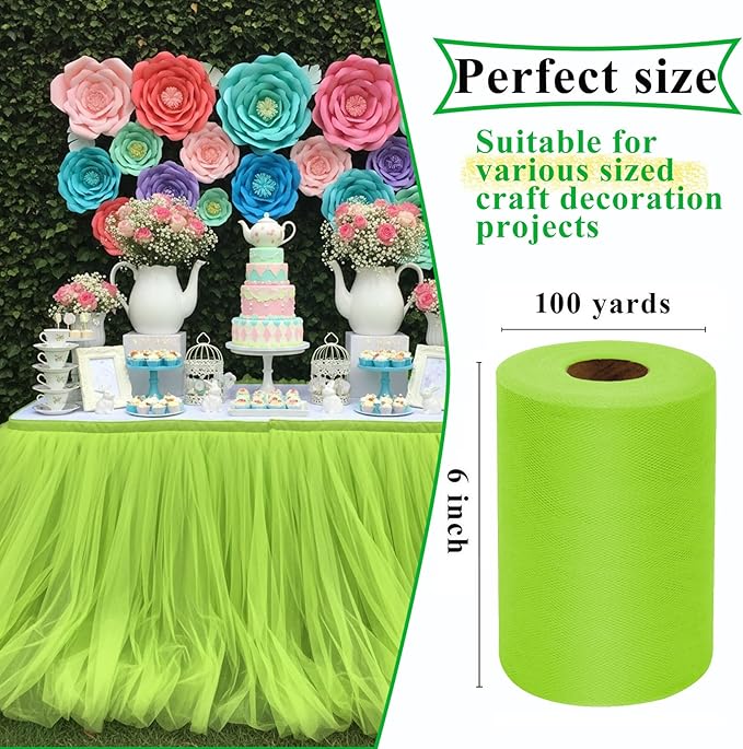 Neon Green Tulle Fabric Rolls 6 Inch by 100 Yards (300 feet) Fabric Spool Tulle Ribbon for DIY Halloween Tutu Bow Baby Shower Birthday Party Wedding Decorations Christmas Craft Supplies