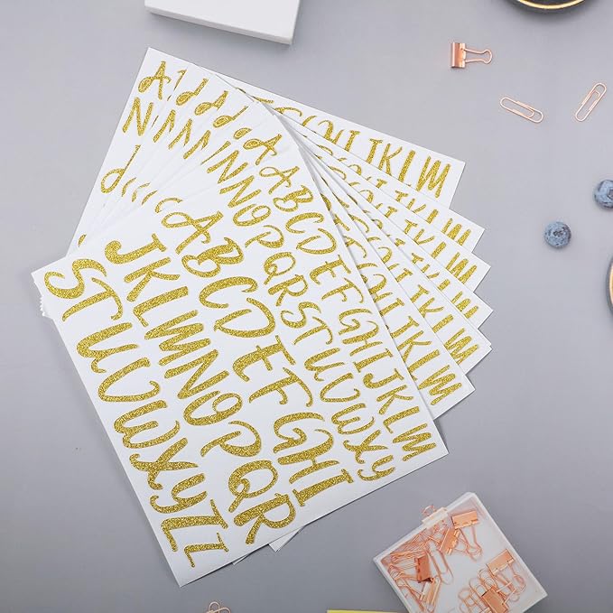 TaoBary 416 Pcs Christmas Letter Stickers 8 Sheets Alphabet Stickers 2 Size Vinyl Cursive Self-adhesive Letter Personalized Decor for Scrapbooking Water Bottle Christmas Craft(1'', 1.5'',Glitter Gold)