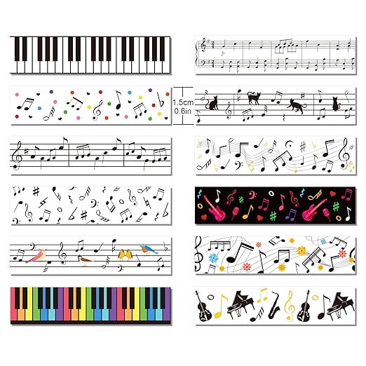 12Rolls Music Notes Washi Tape Black White Musical Note Printed Decorative Washi Tape for Birthday Party Music Themed Party Baby Shower for Scrapbook Journal Craft Supplies