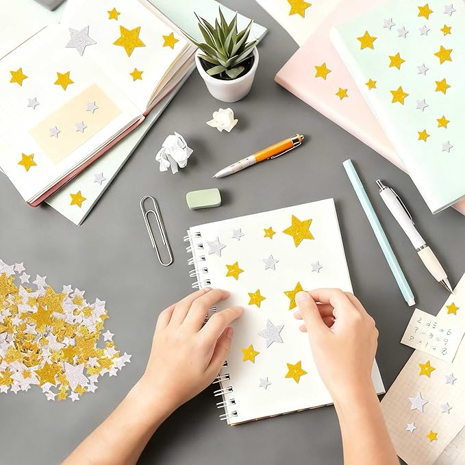 1032Pcs Foam Star Stickers,Glitter Foam Stickers Small Large Star Shape Sticker Self Adhesive,8Sheets Colorful Sticker for Kids Reward Arts Crafts Supplies Scrapbook Christmas Decor(8,Gold and Silver)