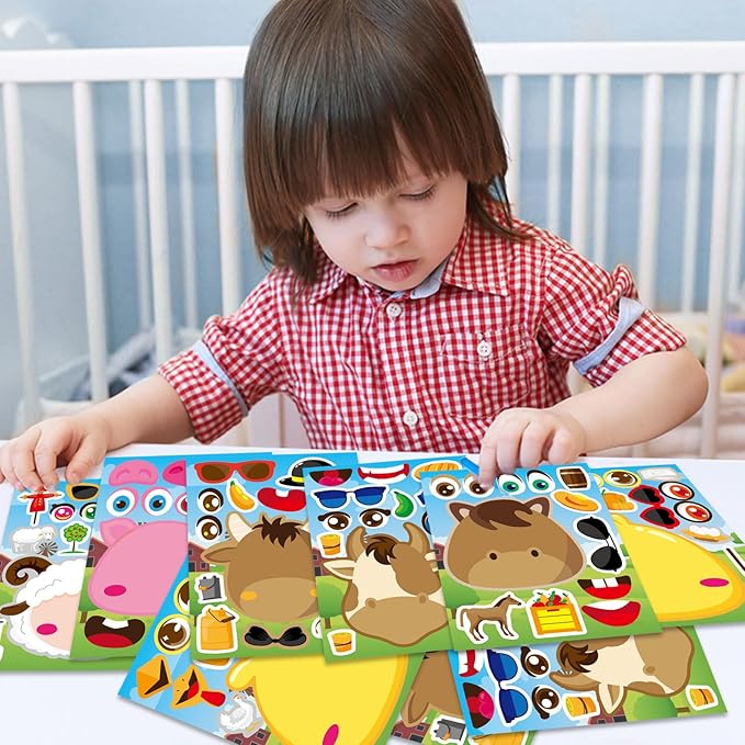24 PCS Make-a-face Sticker Sheets Make Your Own Farm Animal Mix and Match Sticker Sheets with Sheep, Pigs, Cow and Chickens Kids Party Favor Supplies Craft