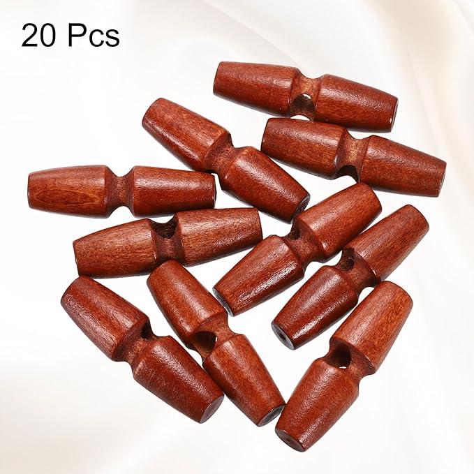 HARFINGTON 20pcs Wooden Toggle Buttons 40mm / 1.6" Single Hole Wood Olive Horn Sewing Buttons for Coat Sweaters Clothing DIY Craft, Red Coffee