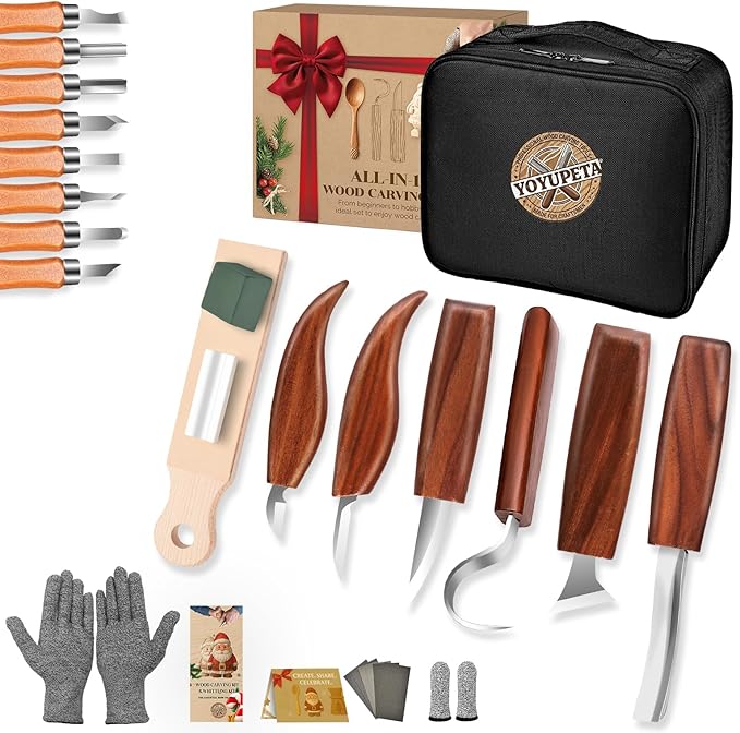 YOYUPETA Wood Carving Kit, 30-Piece Professional Whittling & Carving Tool Set with Walnut Handle Knives, Detail Gouges, Sharpening Stone, Strop & Cut-Resistant Gloves for Adult Hobbyists and Craft Use