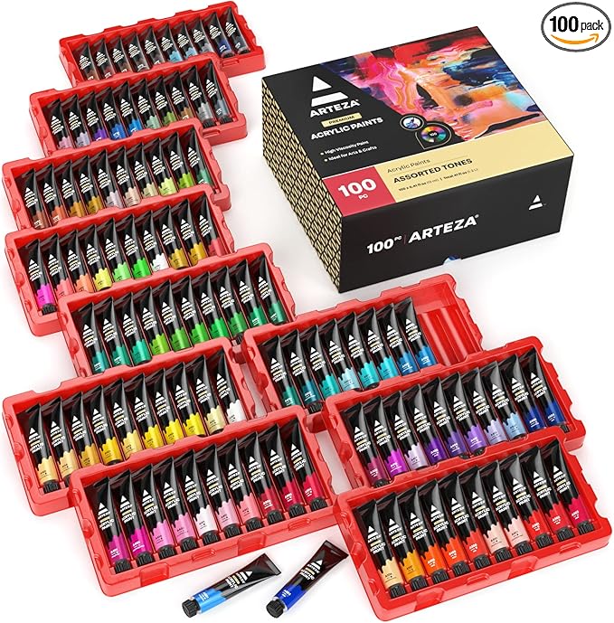 ARTEZA Acrylic Paint Set 100 Colors 0.41 fl oz High-Viscosity, Richly Pigmented Paints for Canvas, Wood & Crafts. Non-Toxic Water-Based Formula, Holiday Gift for Artists & Painters