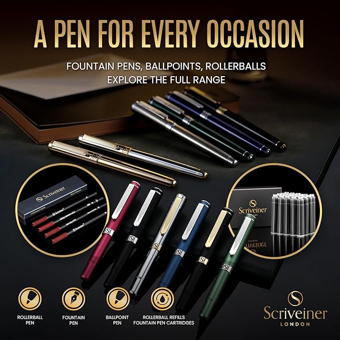 Scriveiner Silver Chrome Fountain Pen - Stunning Luxury Pen, Real Gold Finish, Schmidt Gilded Nib (Extra Fine), Best Gift Set for Men & Women Professional Executive Office Nice Designer Pen