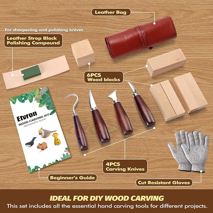 Wood Carving Kit for Beginners – 15PCS Whittling Set with 4 Carving Knives, 6 Basswood Blocks, Cut-Resistant Gloves, Polishing Tools & Storage Roll | DIY Craft Kits for Beginners