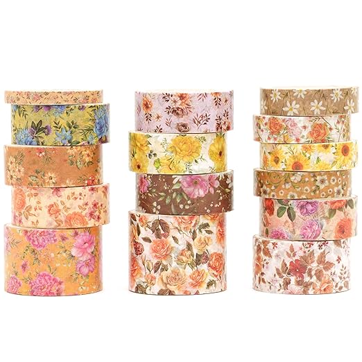 Floral Washi Tape Set - 15 Rolls Flowers Arts Adhesive Tapes Garden Blooms Decorative Masking Tape Sets for Craft, Kids, Scrapbook, DIY, Gift Wrloapping (3-Autumn Petals)