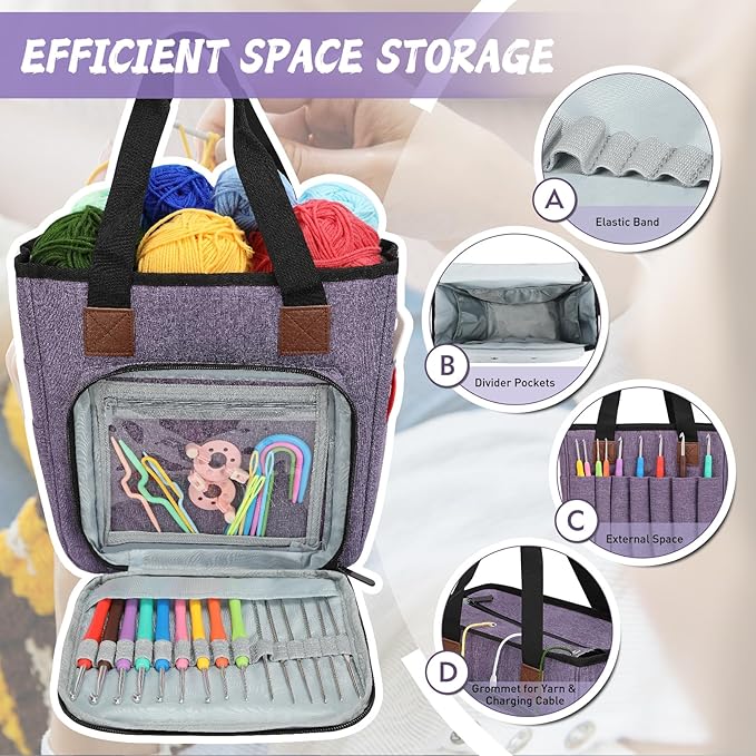 Crochet Bag Organizer, Knitting Yarn Bag Tote on the go, Crocheting Storage for knitters Supply Only Bag No Accessories(Purple)