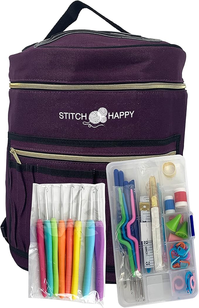 Designer Stitch Happy Crocheting Kit: 52 Piece Crochet Kit for Beginners & 7 Pocket Yarn Bag, Signature Yarn Storage - Royal Purple