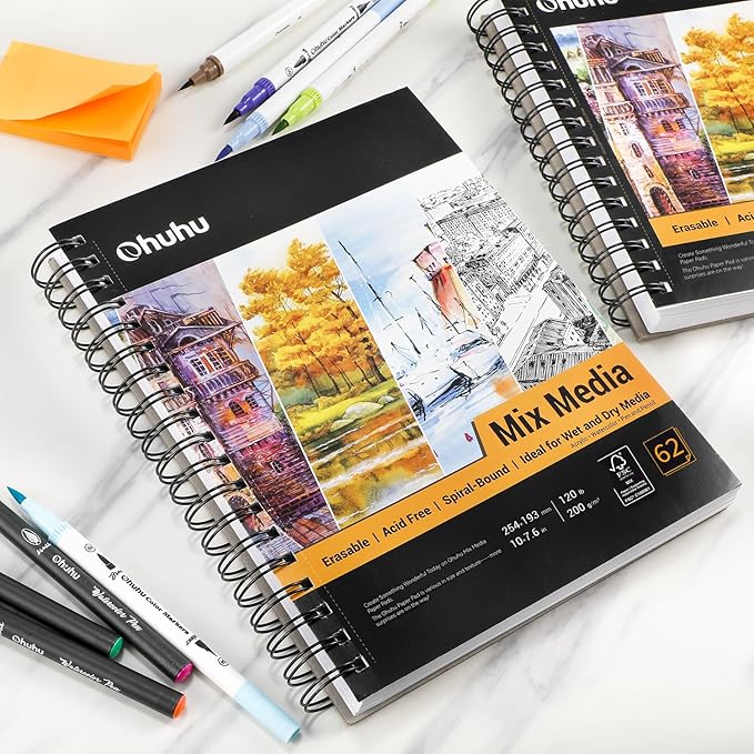 Ohuhu Mix Media Pad, 10"x7.6" Mixed Media Art Sketchbook, 120 lb/200 gsm Heavyweight Papers, 62 Sheets/124 Pages, Spiral Bound Mixed Media Paper Pad for Acrylic, Painting Christmas Gift