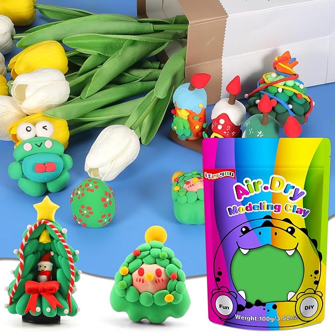 iFergoo Green Air Dry Clay, DIY Creative Modeling Clay for Kids, Super Light Magic Clay for Kids Age 3-12, Safe & Non-Toxic, Molding Clay for Sculpting (Green/100g, 100g/3.5oz)