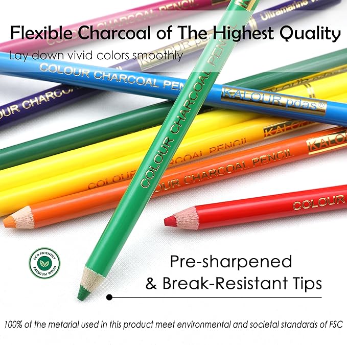 24 Premium Colored Charcoal Pencils Drawing Set, Quality Pastel Chalk Pencils, Skin Tone Colored, for Coloring, Sketching, Drawing, Layering & Blending for Beginners & Artists