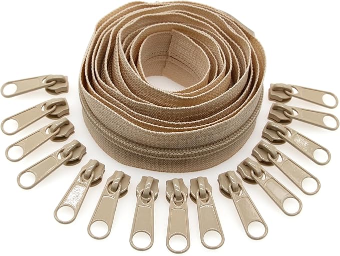 Leekayer #3 Beige Nylon Coil Sewing Zippers by The Yards Bulk 10 Yards with 25pcs Sliders for DIY Tailor Sewing Craft Bags,Luggage,Dress,Sofa Cushion,Pillow(Beige)