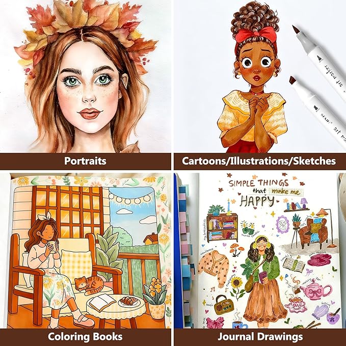 SFAIH Skin Tone Alcohol Markers Brush & Chisel - 12 Dark Portrait Colors, Blendable & Refillable Permanent Art Markers for Adults/Teen/Artists/Creators & Illustrators