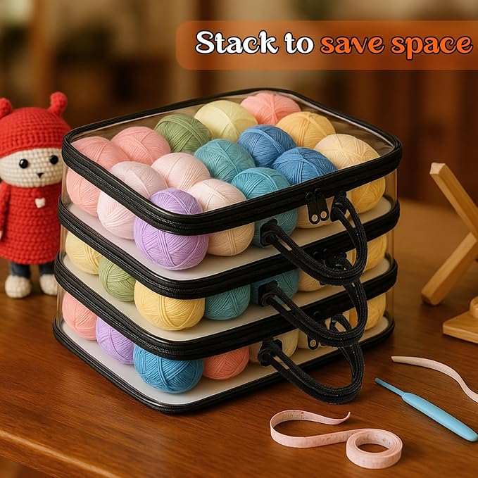 Shinylin 20 Pack Clear Yarn Storage Bags Bulk, 12 x 16 x 4 Inches Yarn Storage Organizer Tote Bag for Knitting Needles Crochet Hooks Wool Balls and Unfinished Project (Black)
