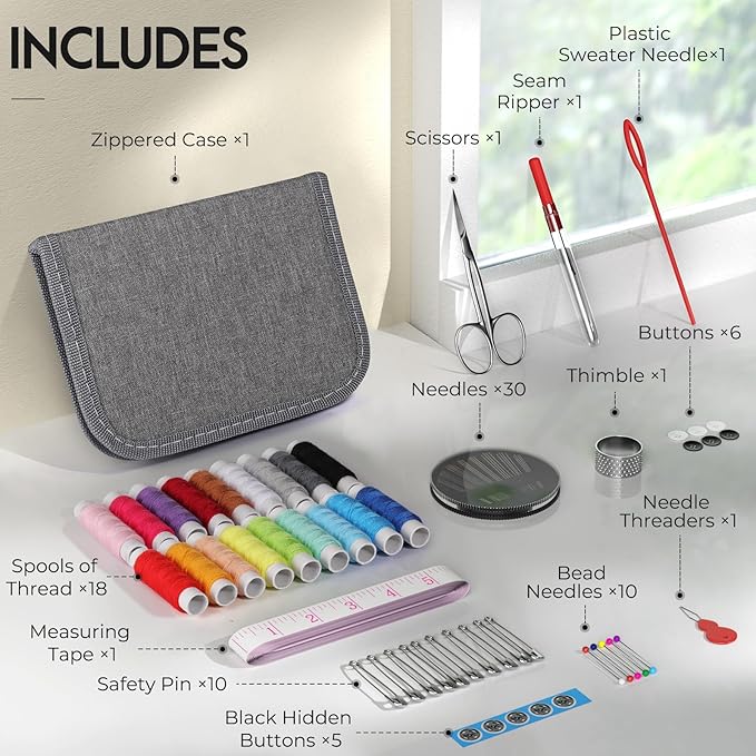 Coquimbo Sewing Kit for Adults, Kids, Beginner, Traveler, Portable Sewing Supplies Contains Soft Tape Measure, Scissors, Thimble, Thread, Sewing Needles (Gray, M)