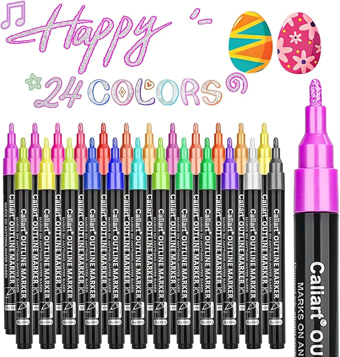 Caliart 24 Colors Outline Markers Shimmer Glitter Pens, Doodling Marker Set for Kids Teen Girls Adults, Birthday Gifts Trendy Stuff, Cool Fun Craft Drawing Art Supplies