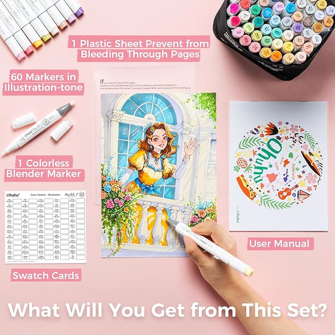Ohuhu Alcohol Markers: Soft Chisel 60 Illustration-color Brush & Soft Chisel Dual Tips Drawing Markers for Artist Beginner Adult Coloring Illustration Sketching -Honolulu S - Red Dot Award Winner