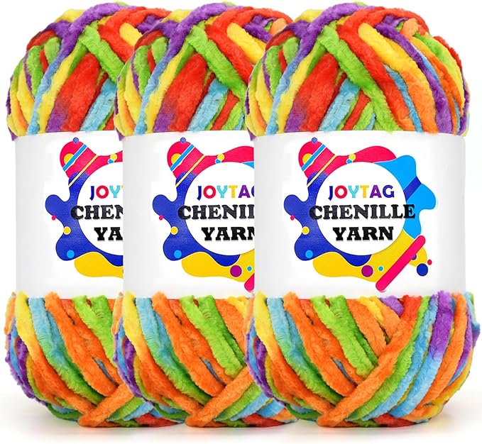 Velvet Chenille Yarn for Crocheting Bright Rainbow Velvet Fluffy Plush Thick Bulky Chunky Chenille Soft Baby Blanket Yarn for Crocheting Hand Knitting 3 * 100g-Bright Rainbow