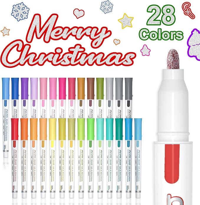 Shuttle Art Double Line Outline Permanent Markers, 28 Colors Squiggles Shimmer Markers Set, Self Outline Metallic Marker Pens for Art, Drawing, Doodling, Card Making, Christmas Card, DIY Crafts