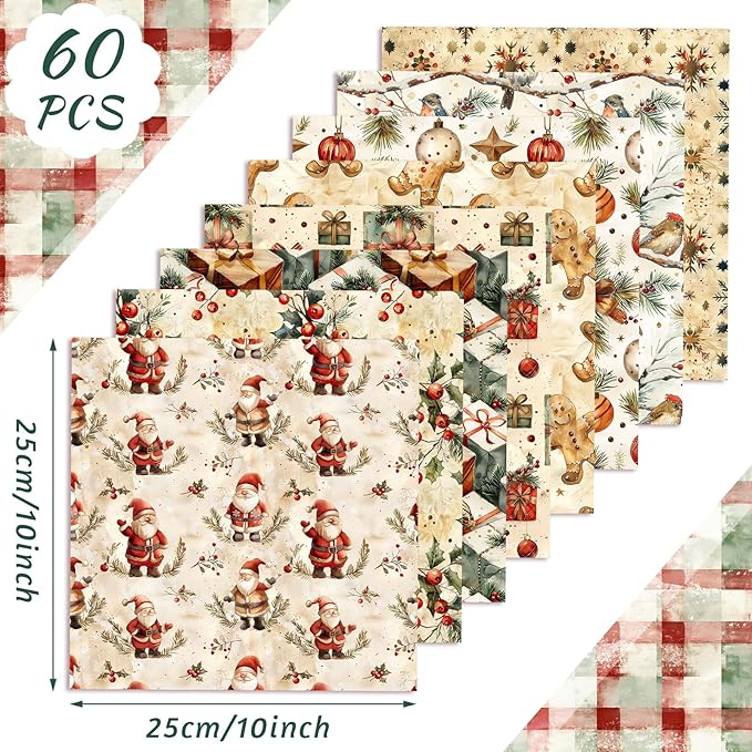 FuWeave 60 Pcs 10 x 10 Inch Vintage Christmas Quilting Fabric Christmas Fat Squares Patchwork Precut Gingerbread Man Santa Snowman Fabric Bundles for Xmas Winter Quilting Crafting DIY Craft Sewing