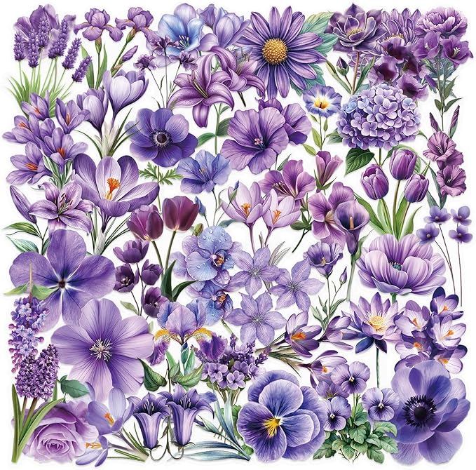 50pcs Purple Flower Transparent Stickers for Scrapbooking – Aesthetic Watercolor Floral Sticker Pack for Journaling, Resin Crafts, Laptop, Clear Botanical Decals