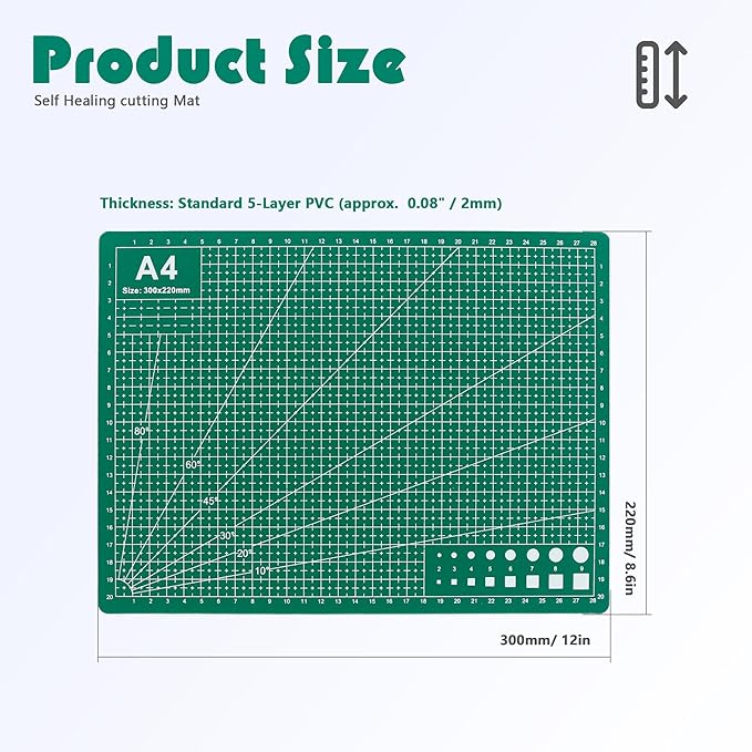 2 Packs Cutting Mats, A4 12'' x 9'' Double Sided Cutting Mat, Non-Slip 5 Layers PVC Cut Mat for Craft Art Projects Fabric Sewing, Scrapbooking Mat