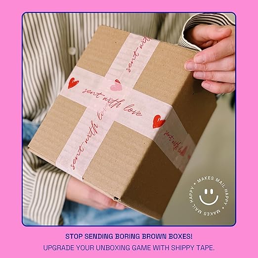 Cute Decorative Packing Tape - Sent with Love Handwritten Script Pink Red Heart, Fun Cute Designer Printed Packaging and Shipping Box Tape, 1.88" x 110 Yards (330 feet)