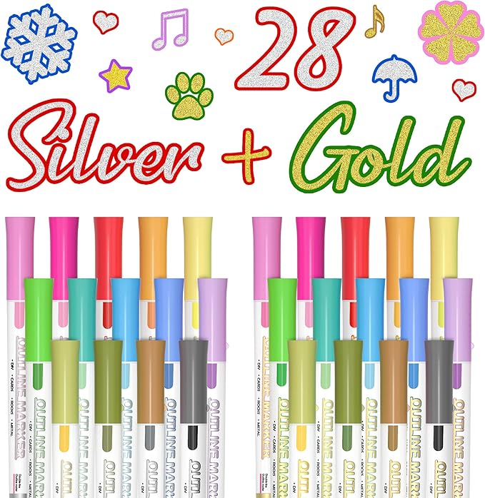 Shuttle Art 28 Pack Double Line Outline Permanent Markers, 14 Silver and 14 Gold Colors Squiggles Shimmer Markers Set, Self Outline Metallic Marker Pens for Drawing, Christmas Card, DIY Crafts