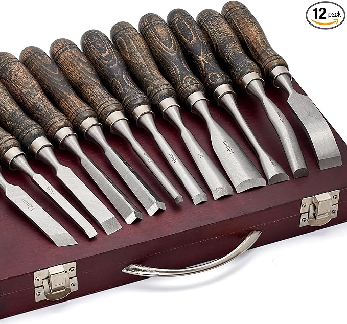 SELFIE CAT 12 Piece Wood Chisel Set for Woodworking Tools Wood Carving Tools with Wooden Case Wood Carving Kit for Beginners and Professionals Black Walnut