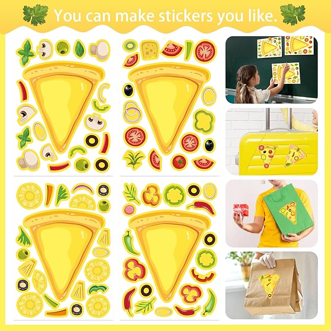 24 Sheets Make Your Own Pizza Stickers for Kids, Pizza Party & Family Night, Food Stickers, Motivational Reward Stickers for Teachers and Students