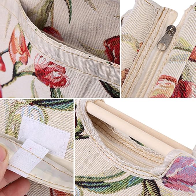 KooingTech Yarn Bag, Knitting Bag, 16.5 x 11.8 x 4.3 Inch Crochet Project Bag with Wood Handle, Foldable Knitting Project Bag, Tulip Pattern Knitting Tote Bag for Yarn Supplies (Rose Jacquard)