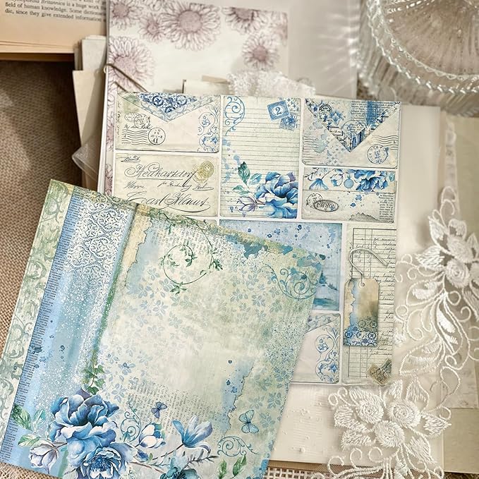 Scrapbook Paper,24 Sheets 5.8x5.8 Inch Vintage Bule Style Scrapbook Supplies,Single-Sided Vivid Origami Decoupage Paper for DIY Crafts, Card Making, Art Journaling